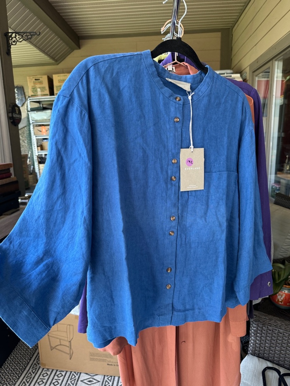 Everlane Blue Women's Mandarin Collar Button-Down Shirt 24” P2P Sz M 100% Linen